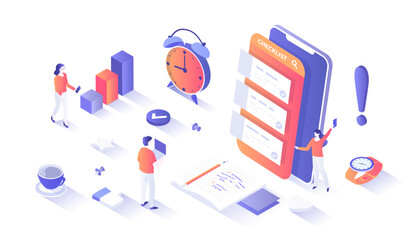 Checklist on smartphone screen. Task manager app. List of purchases, tasks, plans, to do, wish list. Isometry illustration with people scene for web graphic.