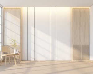 Japan style empty room with minimalist armchair. wood wardrobe and white wall. 3d rendering