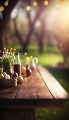 Easter themed background. Lush surroundings, blossoms and a wooden table with space for products and copy. Defocused bokeh lights. Created with Generative AI.
