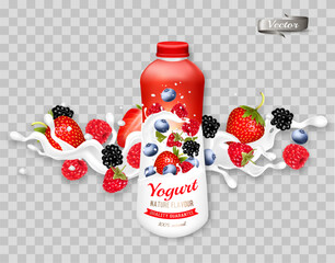 Fototapeta Fruit yogurt or milk with fresh berries advert concept. Yogurt or milk flowing into a plastic cup with fresh strawberry, blueberry, blackberry, raspeberry. Design template. Vector. obraz