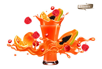 Fototapeta Red fruit juice splash wave. Whole and sliced strawberry, raspberry, cherry, papaya,  orange in a sweet syrup wave with splashes and glass with juice isolated on transparent background. 3D. Vector. obraz