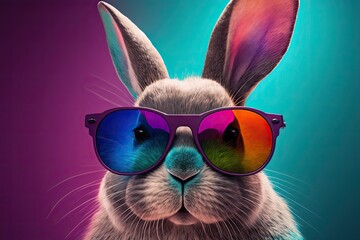 Fototapeta na wymiar Colorful Bunny Rabbit wearing Sunglasses with Space for Copy (Generative Ai)