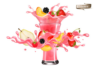 Fresh fruit juice splash wave. Whole and sliced strawberry, raspberry, cherry, pear, peach in a sweet syrup wave with splashes and glass with juice isolated on transparent background. Vector. - 581154041