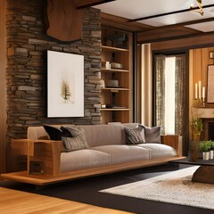 The living room has a warm and inviting feeling, with natural wood floors and a stone fireplace1, Generative AI