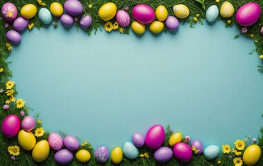 colored easter eggs as image border accompanied by yellow flowers with AI generated grass