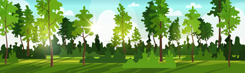 Spring or summer landscape with green grass, bushes, trees and blue sky. Nature scene of garden or natural park in daylight. Flat cartoon colorful vector illustration.