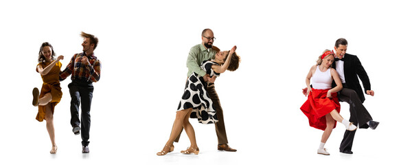 Collage. Three cheerful beautiful couples, men and women dancing retro style dance isolated over white studio background. Concept of art of movements, classical dance, retro fashion, culture