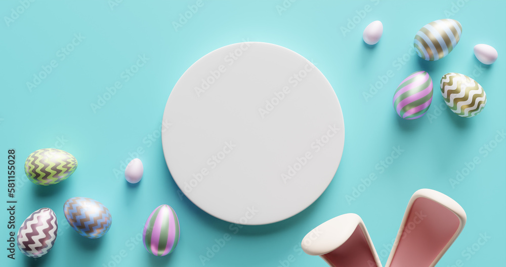Poster easter composition with an empty white circle in the center, colorful eggs and protruding bunny ears