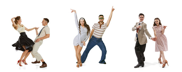 Collage. Young men and women in vintage retro style outfits dancing social dance isolated on white...