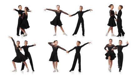 Collage. Two kids, girl and boy in black stage costumes dancing ballroom dance isolated on white background. Performance. Art of movements, classical dance, retro fashion, culture, childhood concept