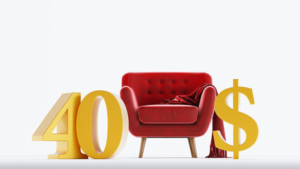 3D render of golden red armchir with 40 dollar sign isolated on white background, forty dollars