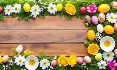 flower arrangement, flower frame with plants and easter eggs, border spring flowers, flowers and easter eggs with wooden background. AI generated
