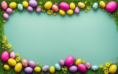 frame of flowers and eggs with editable background, frame of easter eggs with flowers with space in the middle. AI generated banner