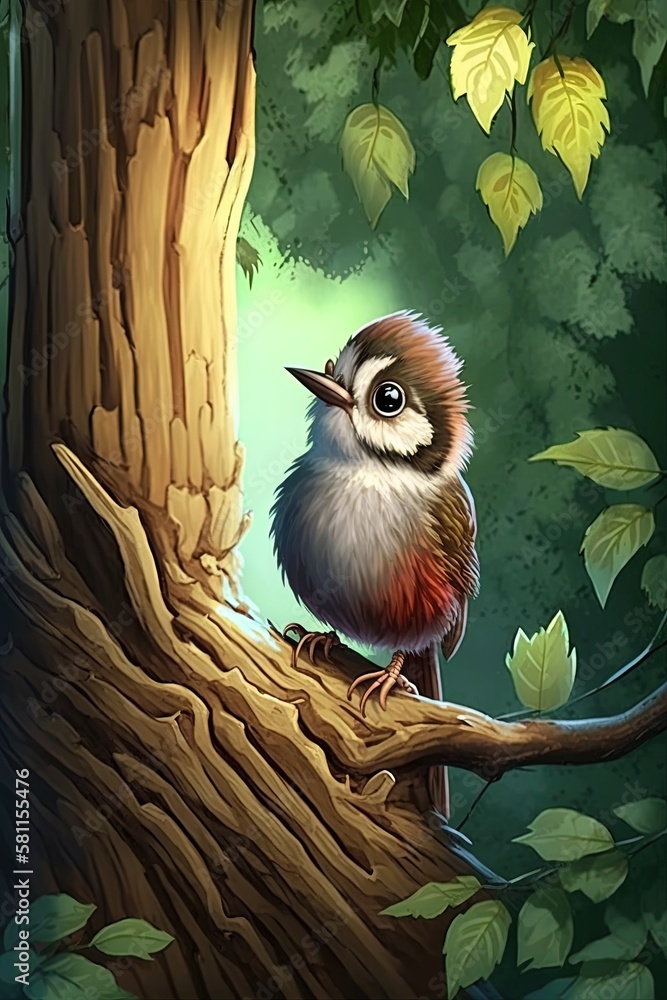 Aufkleber a bird sitting on a tree branch in a forest with leaves on the ground and a tree trunk in the foregr