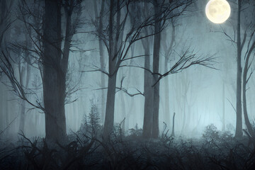 dark forest with a full moon in the background, concept art, conceptual art, halloween wallpaper with ghosts, photo-realistic unreal engine, blueish moonlight, Generative AI