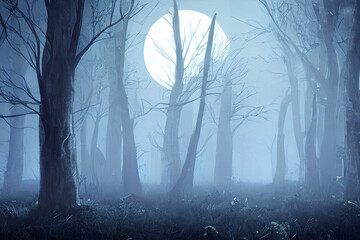dark forest with a full moon in the background, concept art, conceptual art, halloween wallpaper with ghosts, photo-realistic unreal engine, blueish moonlight, Generative AI