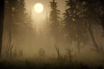 dark forest with a full moon in the background, concept art, conceptual art, halloween wallpaper with ghosts, photo-realistic unreal engine, blueish moonlight, Generative AI