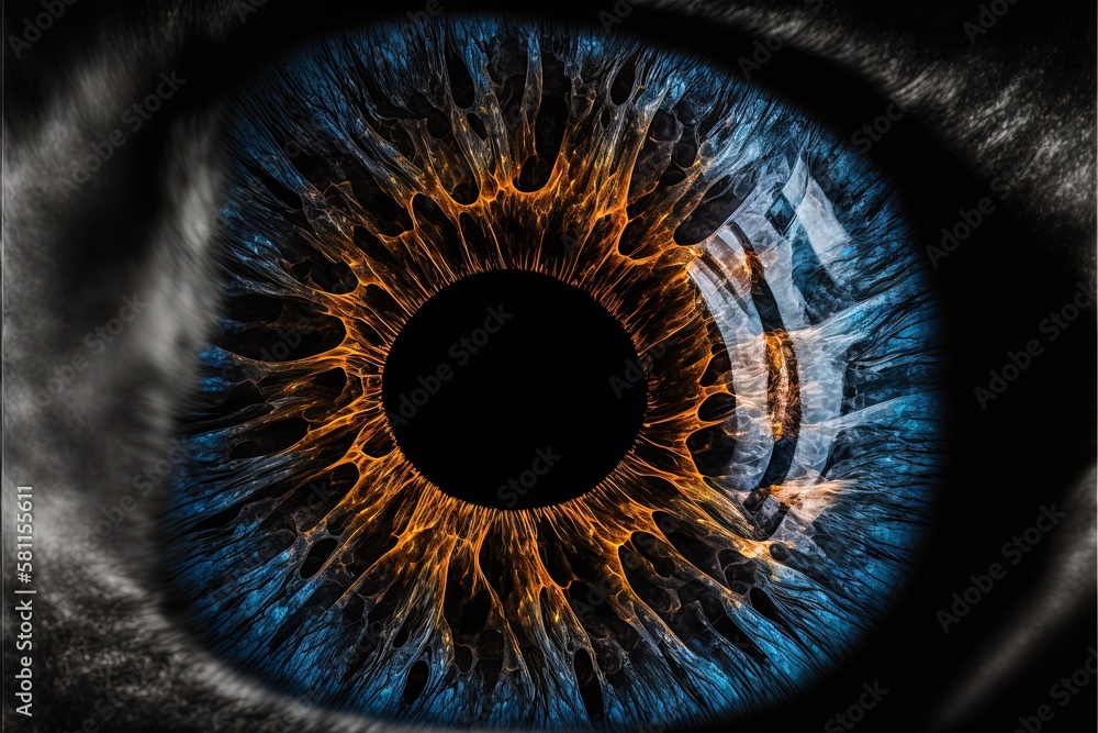 Poster a close up of a blue eye with yellow and orange streaks on it's iris and the iris of the eye showing