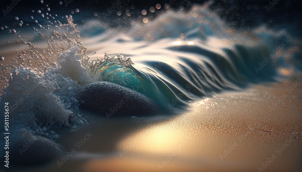 Poster a close up of a wave on a beach with rocks in the foreground and water splashing on the sand and the