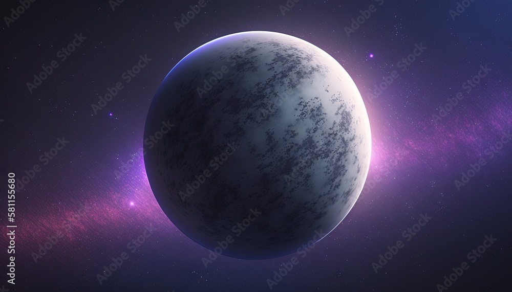 Poster an artist's rendering of a planet in space with stars in the background and a blue and purple glow c