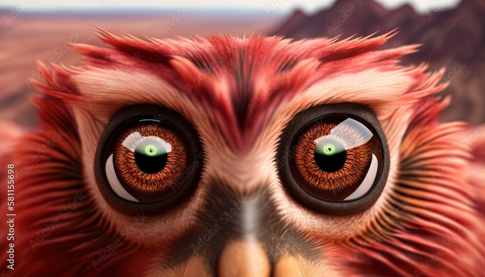 Aufkleber a close up of an owl with a green eyed bird in the background with mountains in the background and a