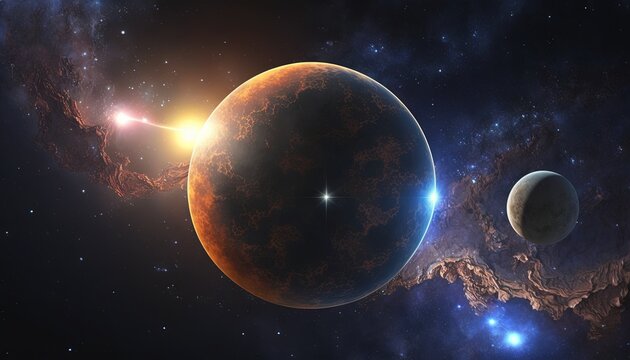   an artist's impression of Kepler-like planets in the solar system, with a dark background filled with stars The planets are illuminated by the light of the stars, creating a bea