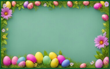 frame of flowers and eggs with editable background, frame of easter eggs with flowers with space in the middle. AI generated