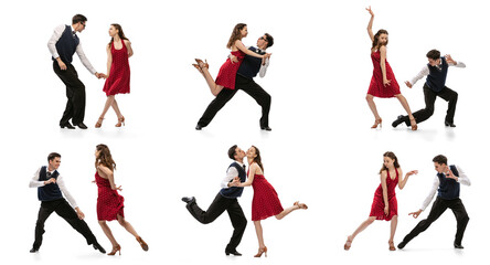 Fototapeta na wymiar Collage. Beautiful girl and stylish man in vintage retro style outfits dancing isolated on white background. Concept of art of movements, classical dance, retro fashion, culture and lifestyle