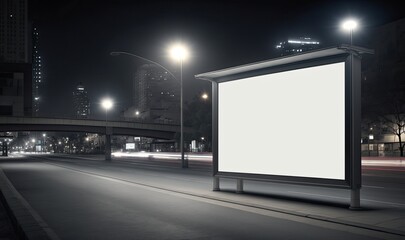 Black Billboard Mockup on Street at Night. Generative AI. 