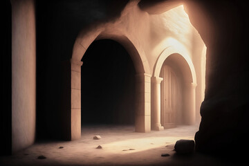 Dark antique building with an unlit black passageway with archway above which sunlight enters, made with generative ai