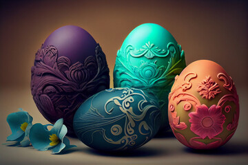 huevos de pascua de diferentes colores y con diferentes adornos, huevos de pascua animados e infantiles - obrazy, fototapety, plakaty