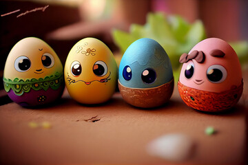 huevos de pascua de diferentes colores y con diferentes adornos, huevos de pascua animados e infantiles