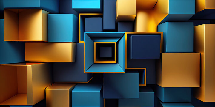 Abstract 3d background with blue and yellow blocks. Generative AI