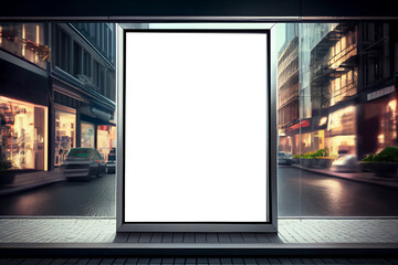 Mock-up of blank billboard at store street showcase window in a city at night. Generative ai