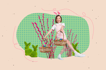 Composite collage photo of little schoolgirl wear funny bunny easter ears hold baskets with painted eggs willow tree isolated on pink background