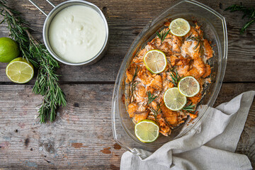 Salmon bites baked in oven with lime and rosemary and lemon cream sauce on rustic wooden table.