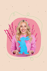 Template 3d creative composite collage of easter holiday springtime of young positive girl hold...
