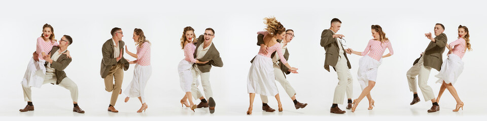 Collage. Young man and woman in vintage retro style outfits dancing social dance isolated on white background. Concept of art of movements, classical dance, retro fashion, culture and lifestyle