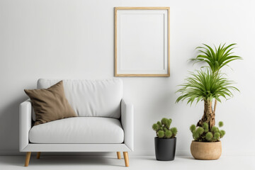 Obraz na płótnie Canvas Home Interior White Wall Mockup for Poster in Plain Wooden Vertical Frame, AI Generative 