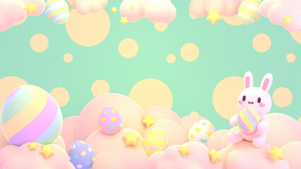 3d rendered cartoon bunny and Easter eggs background.