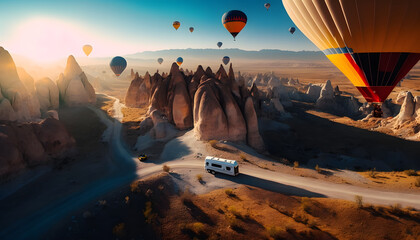 Obraz premium Tourists vacation Caravan RV in Cappadocia background hot air balloon with sunset, motorhome car in Turkey Travel. Generation AI