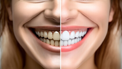 Yellow Teeth before and after whitening. Happy smiling woman. Generation AI