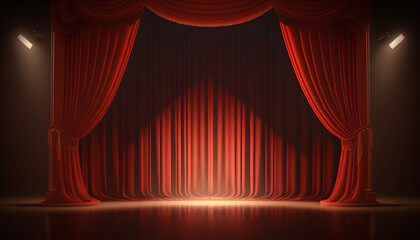 Fototapeta premium Red curtains of theater stage show spotlight, background for poster. Generation AI