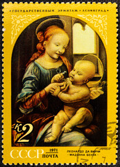 USSR - CIRCA 1971: A stamp printed in the Russia shows Benois Madonna, Painting by Leonardo da...