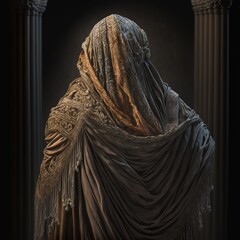 Image of lone Muslim woman, back, wearing hiyab, photography style, studio, black background. Generative AI