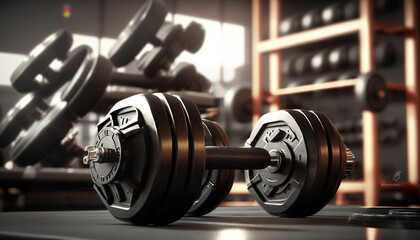 Fototapeta premium Metal dumbbells with background blurred gym interior