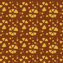 seamless pattern with pizza on brown background, food illustration, eps 10