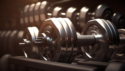 Fototapeta na wymiar Metal dumbbells with background blurred gym interior