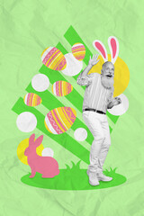 Creative art collage design photo greetings springtime easter spend time nature park pensioner man enjoy drawn eggs isolated on green background