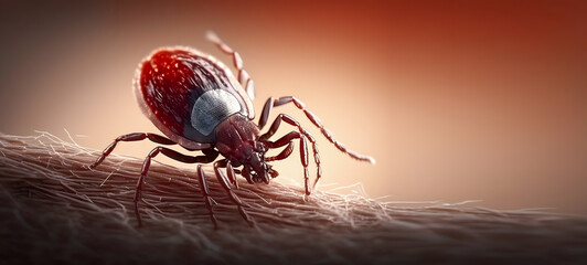Infected tick on human skin. Ixodes lyme ricinus mite banner. Dangerous biting insect macro photo. AI generation - obrazy, fototapety, plakaty
